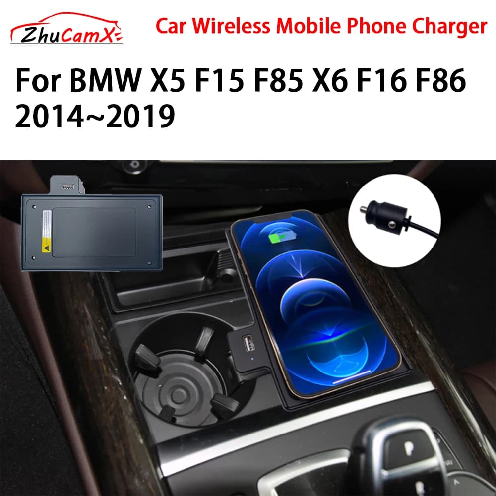 Caricatore per telefono cellulare wireless per auto Console centrale di archiviazione QI 18W iPhone ricarica rapida per BMW X5 F15 F85 X6 F16 F86 M 2014 ~ 2019