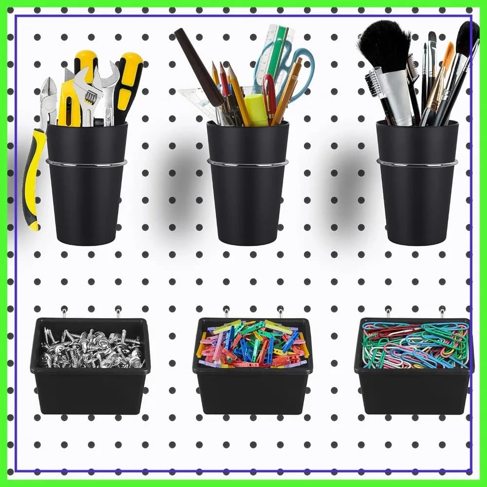 6 Set di Contenitori per Pannelli Forati con Ganci - Organizzatore per Accessori, Attrezzi, Stoccaggio - Ufficio, Officina, Garage