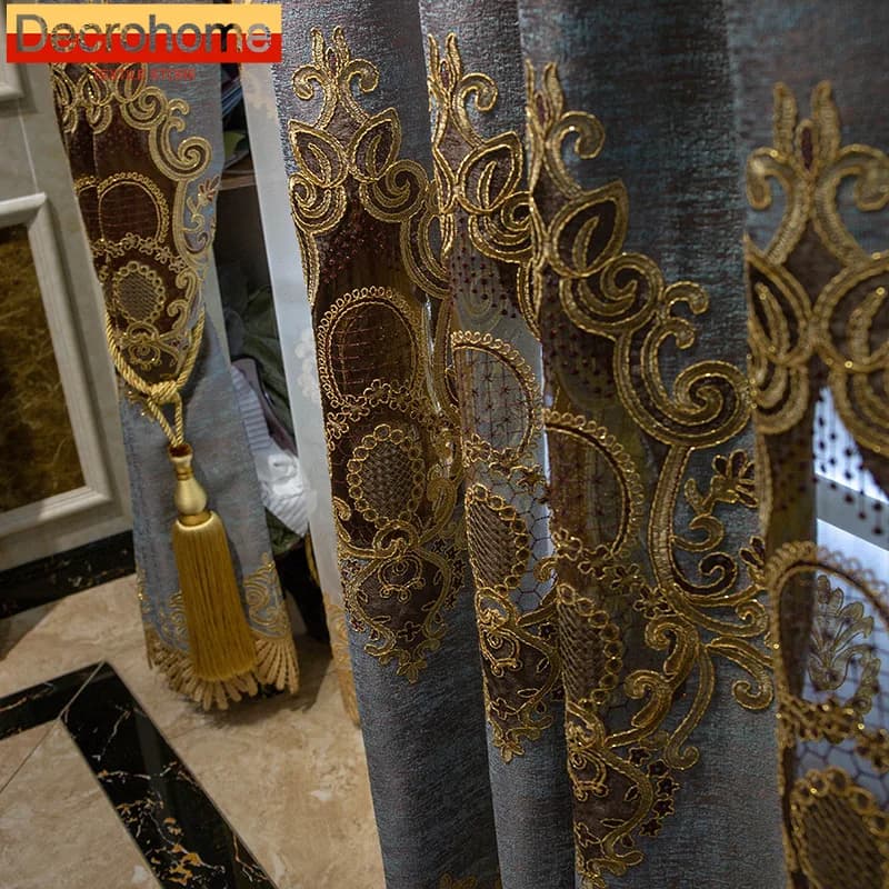 Customized Royal Blue Gray Embroidered Window Screen Jacquard Chenille Curtains for Living Room Bedroom French Window Villa