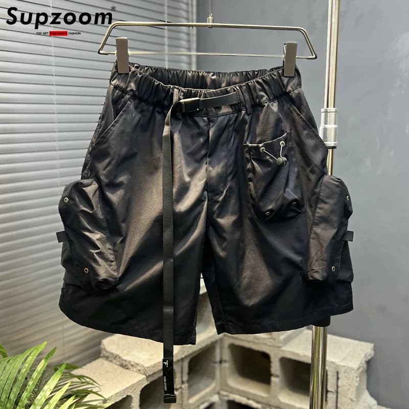 Supzoom New Arrival Top Fashion Summer Loose Casual Belt Design High Street Trendy grid Stitching Pocket Personalized Shorts Men