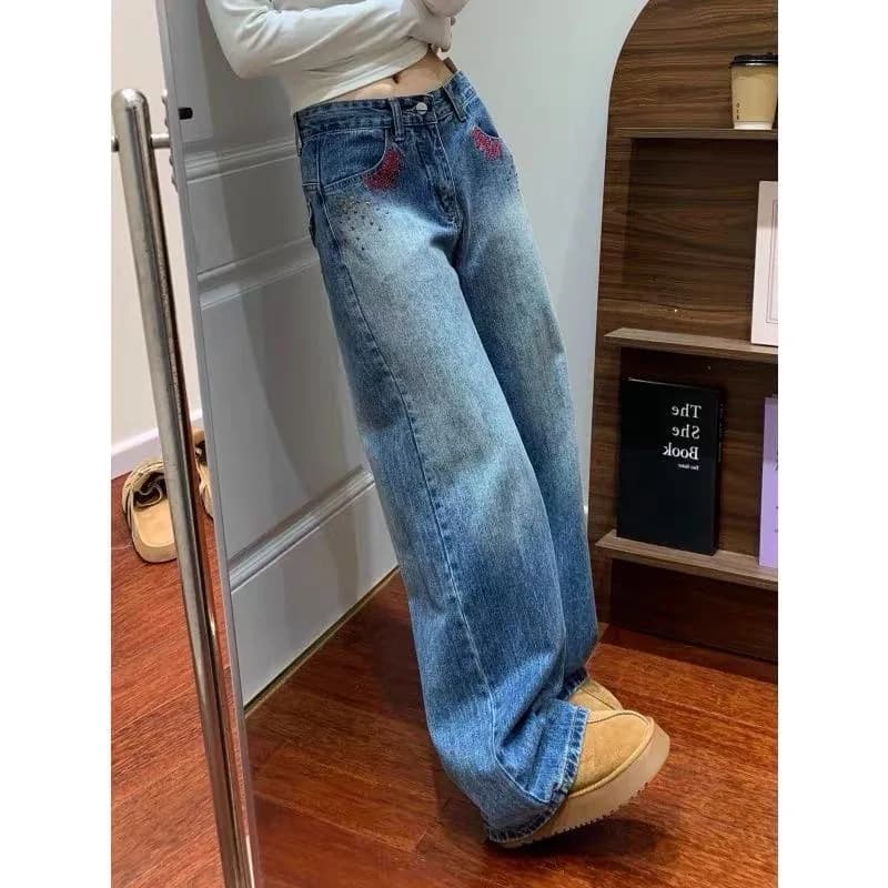 American Vibe High Street Rhinestone Rivet Embroidery Wide Leg Pants Women Summer Thin Straight Cut Jeans Casual High Waist D...
