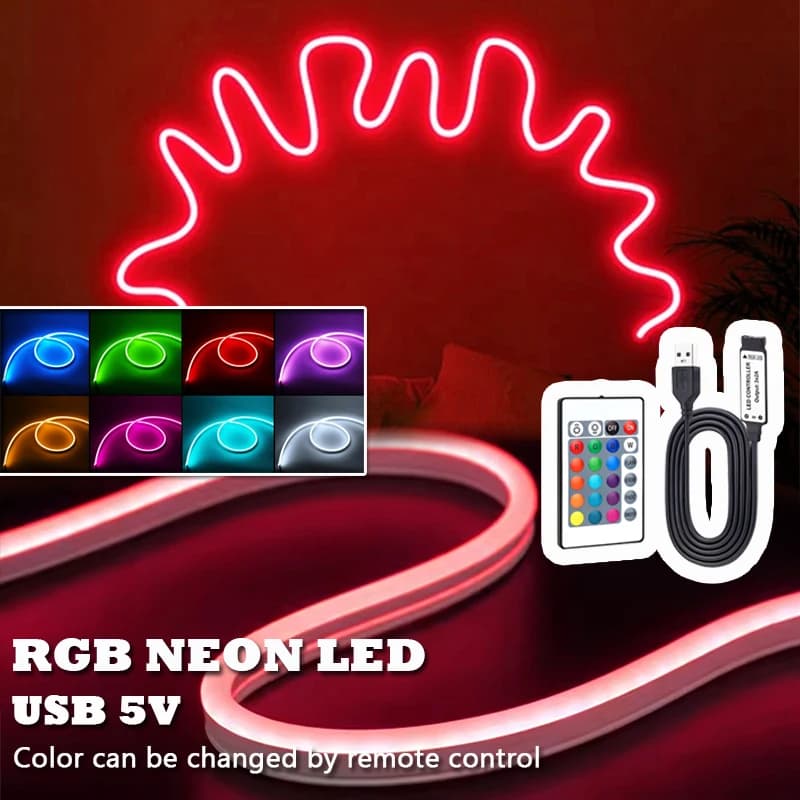 Luci a corda a LED flessibili da 5 V, luci al neon RGB, luci a corda al neon a LED RGB USB, controllo con telecomando, luci al neon a LED per giochi