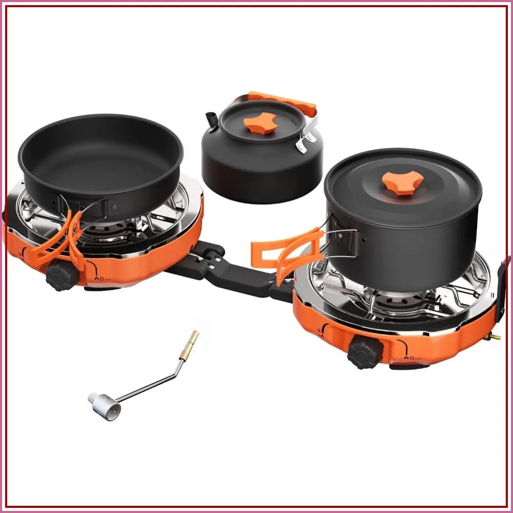 Propane 2 Burner Camping Stove Kit with Cookware, 20,000 BTUs, Outdoor Portable Gas Stove for BBQ, Tailgating, Camping