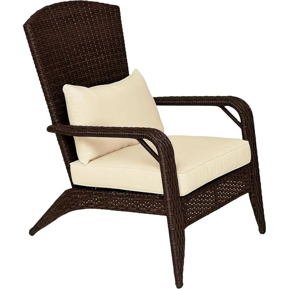 Sedia Adirondack in vimini per tutte le stagioni con cuscini per patio esterno, terrazza o giardino in marrone/bianco crema