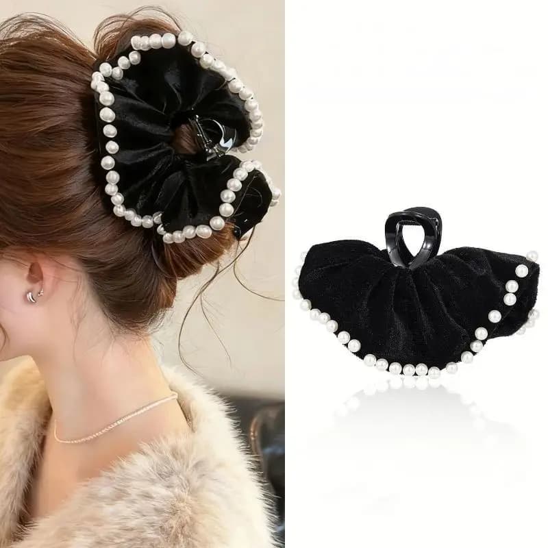 Eleganti fermagli per capelli in velluto nero con perle, grandi fermagli a forma di squalo, fermagli francesi per ragazze e donne, accessori per capelli dolci e raffinati.