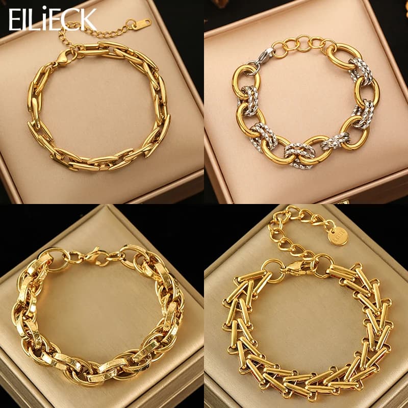 EILIECK Waterproof Stainless Steel Link Chain Cuban Bracelet Bangle For Women Statement Stylish Polished Gold Color Jewelry