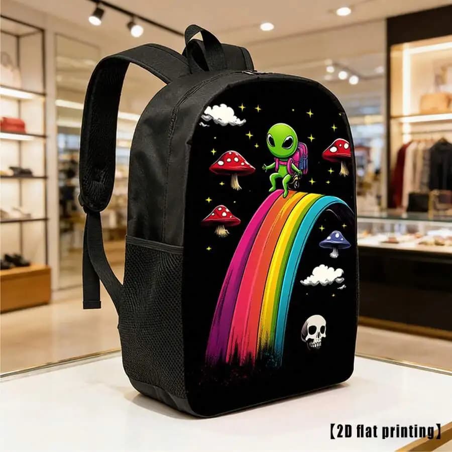 Alien Skull Rainbow Print Unisex Backpack Lightweight Large Capacity For Daily Commute Laptop Travel