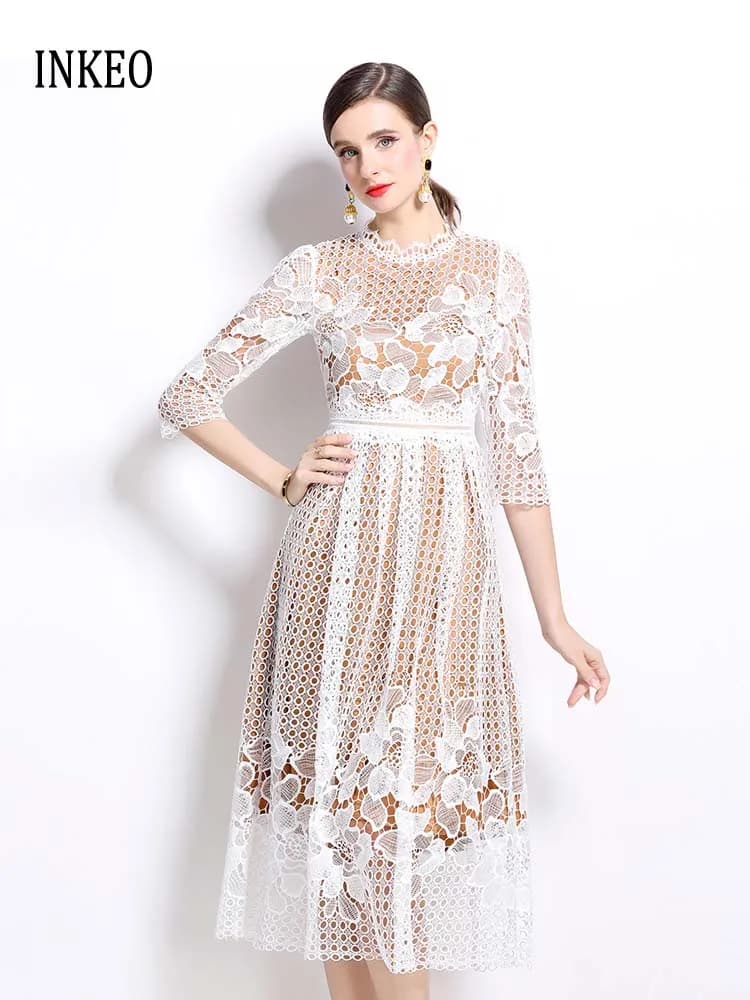 Abito da sera scavato in pizzo per donna Elegante 2025 New Beach Ricamo abiti midi con maniche a tre quarti Party INKEO 4D134