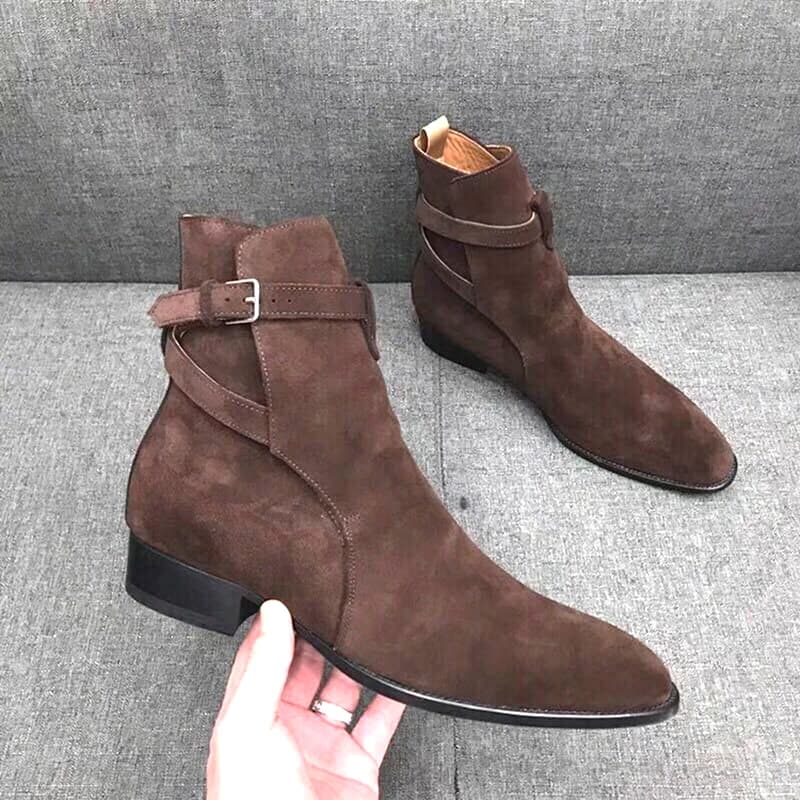 Men's Vintage Men's Boots with Buckle for Cross Belt in Genuine Leather Suede Brown Cow Boots Barber Boots with Square Heel Men's Watch