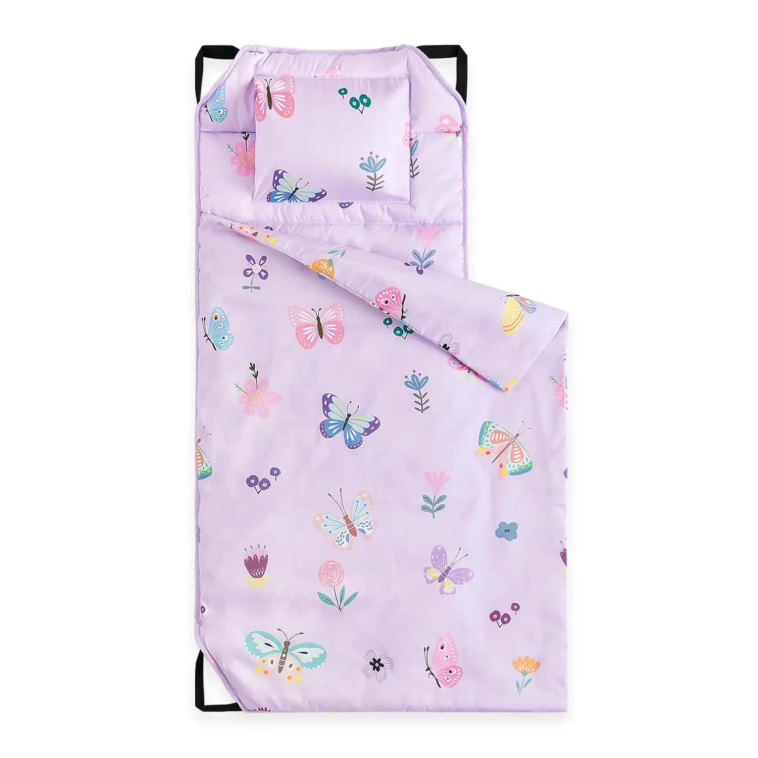 Crib mattress with pillow and blanket, elastic straps at the corners, pretty design with butterflies and purple flowers