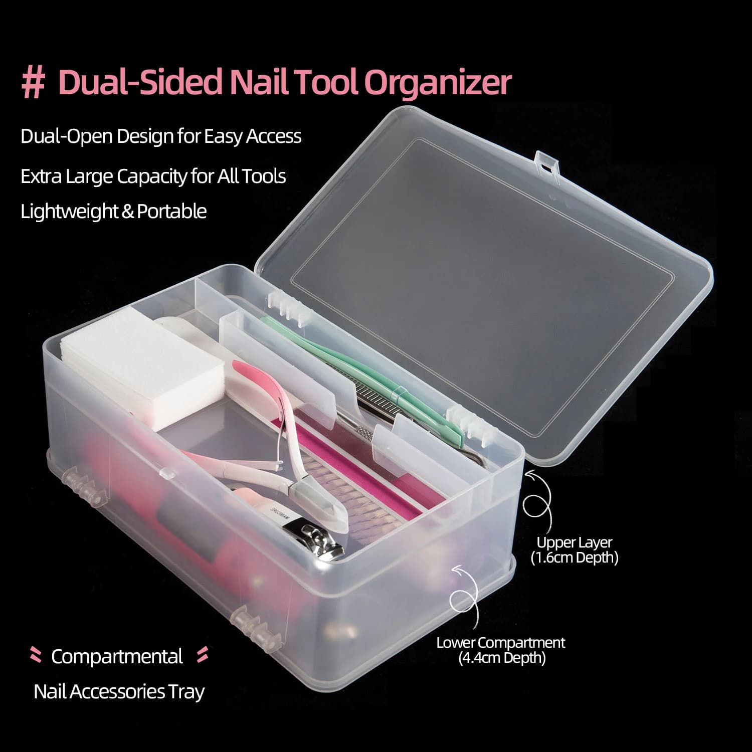 Dual-Open 2-Tier Super Capacity Pp Storage Box for Nail Tools Gel Polish Empty Nail Art Organizer Brush File Manicure Container