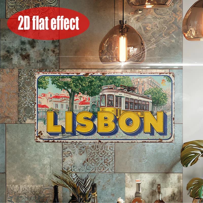 Targa in Metallo Stile Targa Automobilistica con Stampa 2D della Tramvai Iconica di Lisbona, Decorazione in Alluminio a Tema Paesaggio Urbano Portoghese