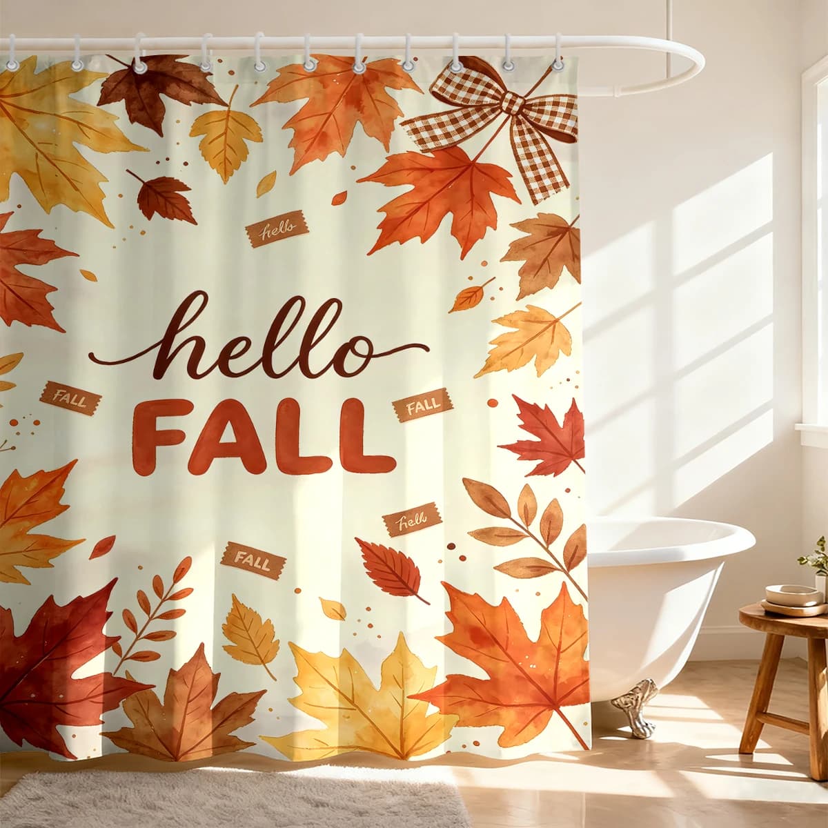 Waterproof shower curtain. Hello FALL maple leaf pattern decorative painting with hooks, can be machine-washed