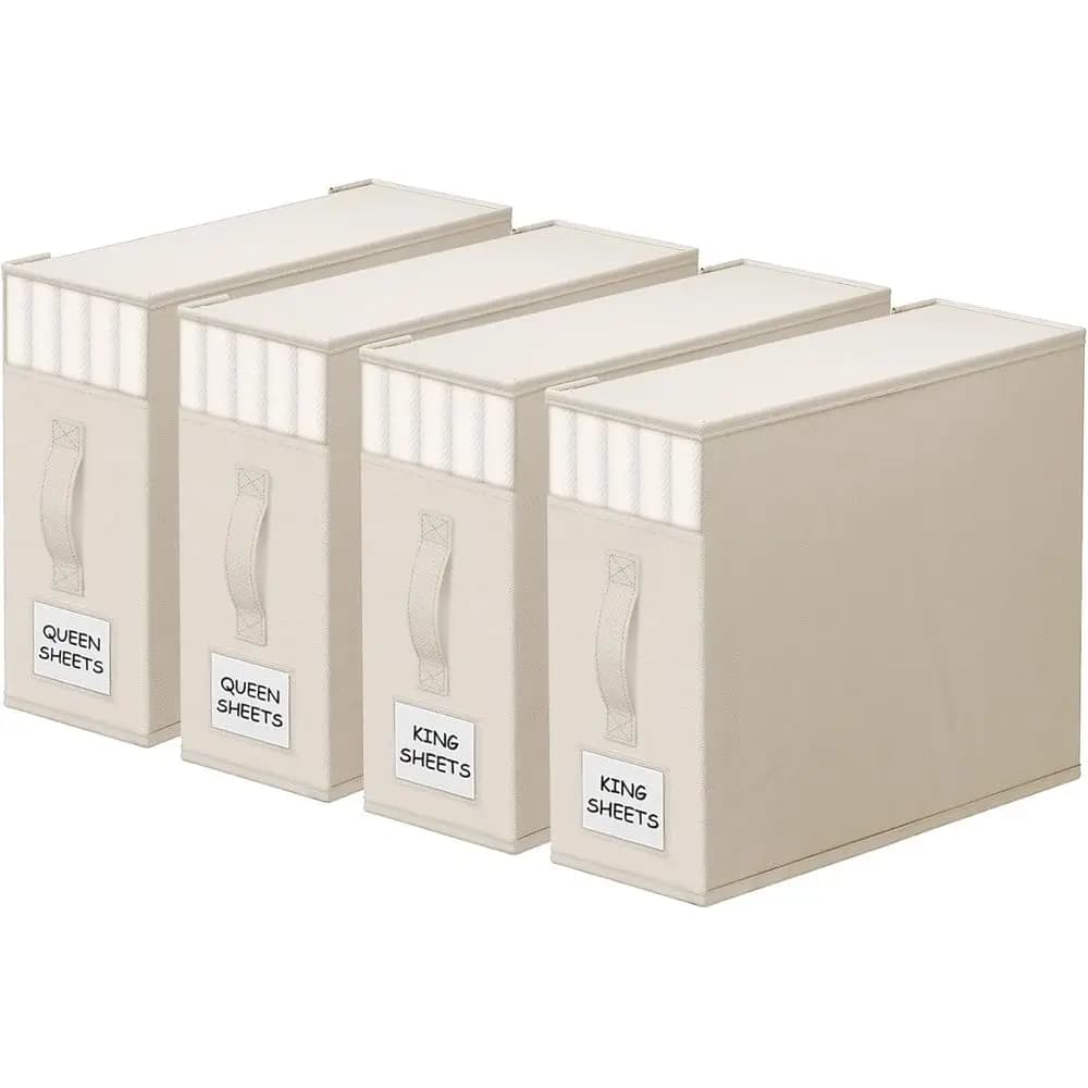 Set of 4 Durevoli Organizers for Sheets with Window and Labels for Easy Storage Bed Linens and Covers (Beige)