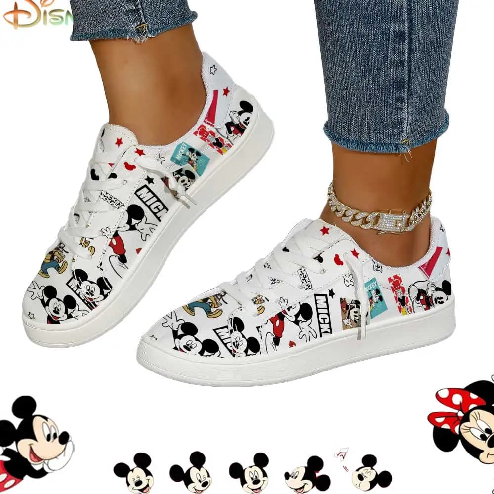 Sneakers Casual in Tela Bianca con Stampa Integrale Disney Topolino per Donne