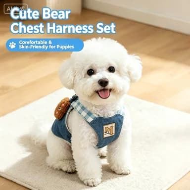 Cute Bear Dog Harness and Leash Set, Breathable Mesh Vest Pet Harness Adjustable No Pull Puppy Walking Clothes for Small Dogs