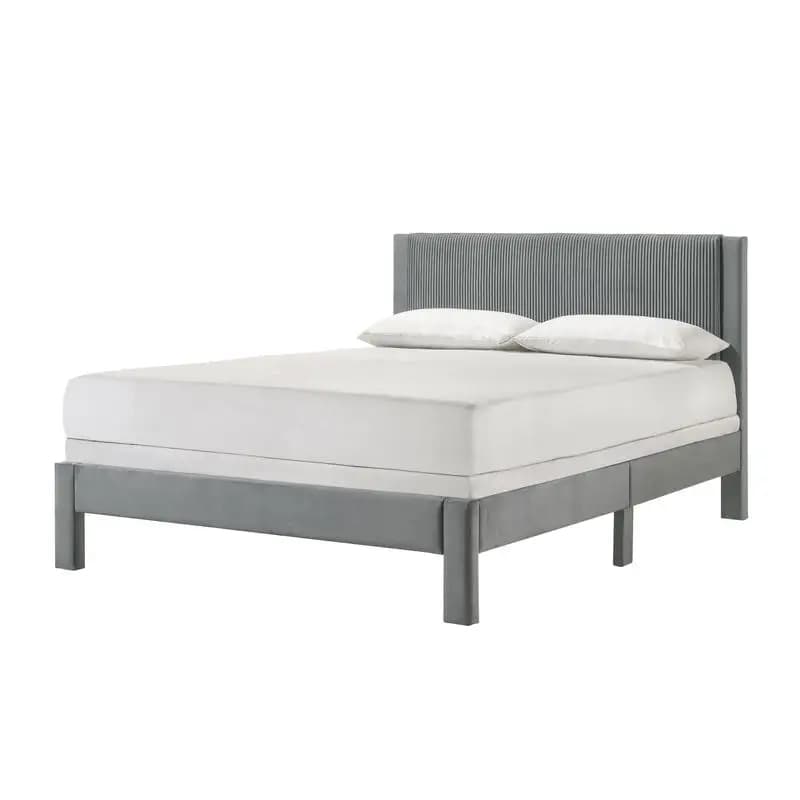 Testiera moderna imbottita in peluche con struttura a coste, struttura a basso profilo e gambe non protettive, letto con piattaforma queen size