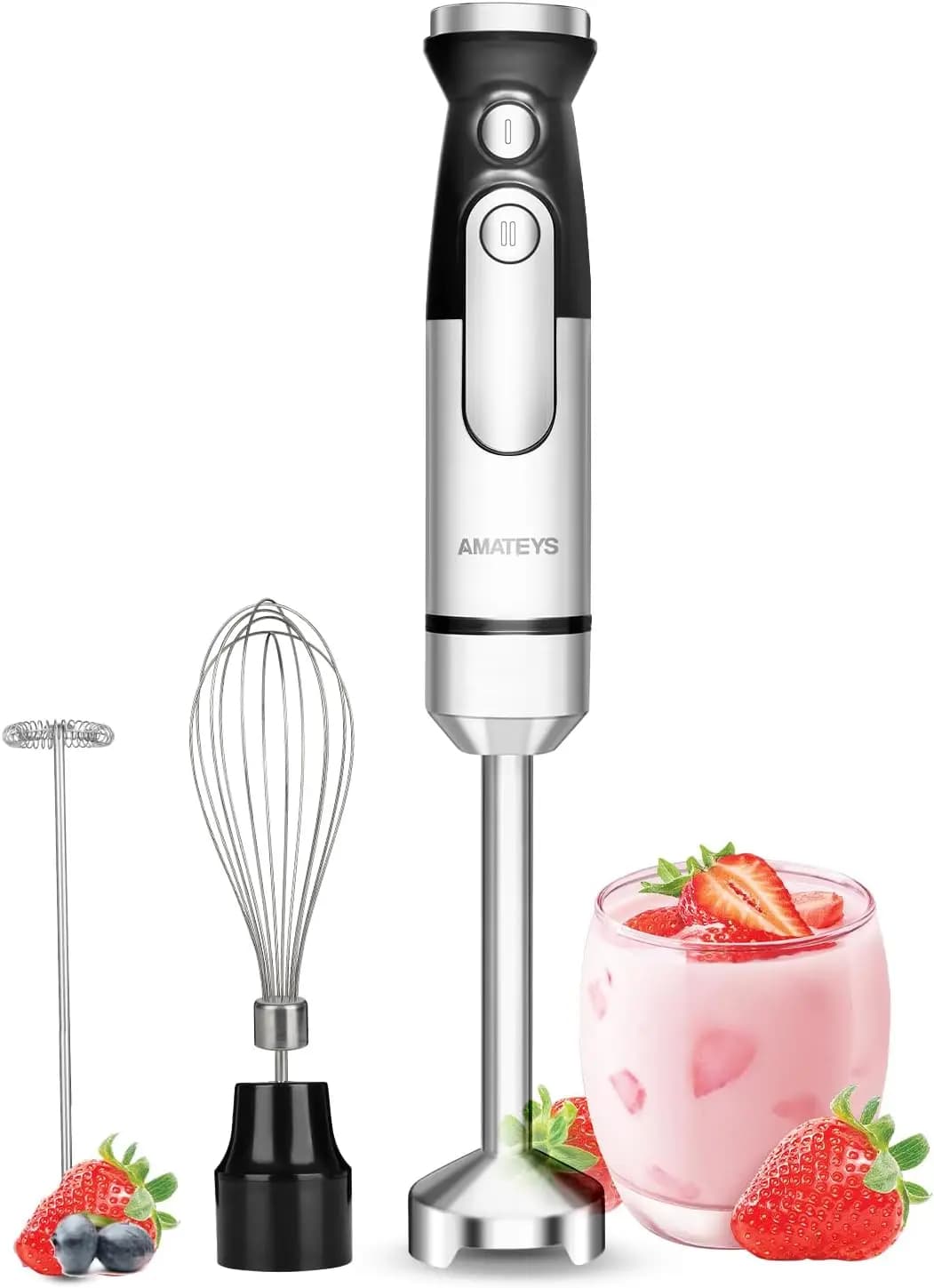 Frullatore a Immersione 700W, Velocità Variabile, Asta in Acciaio Inox con Frusta e Montalatte per Zuppe, Frullati