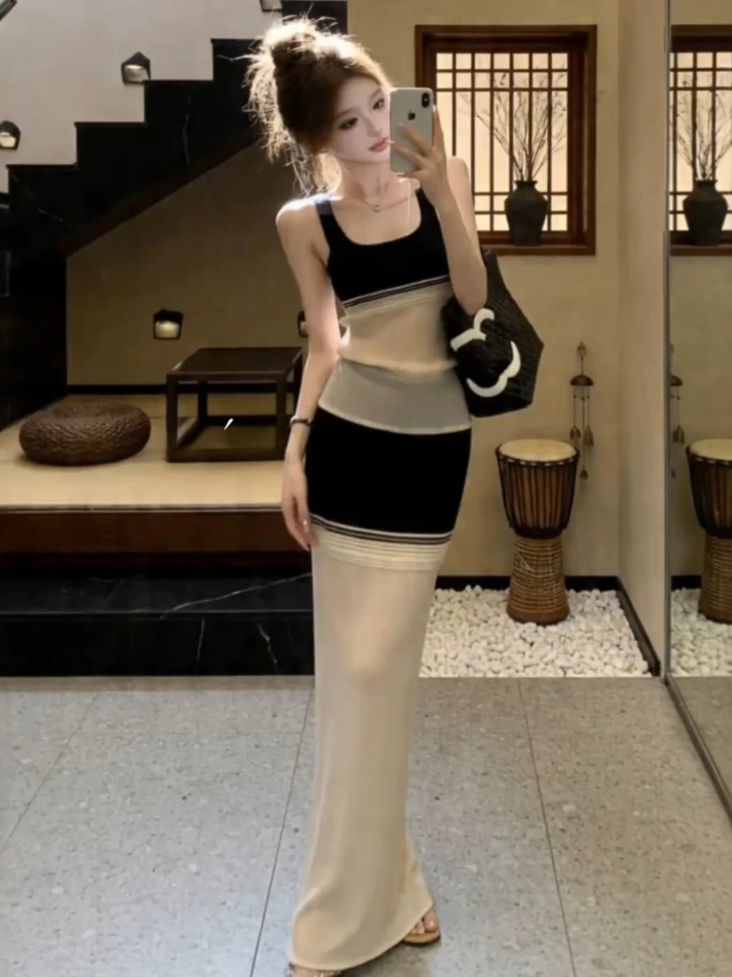 Korean Design Color Block Slim Fit Striped Tube Top And Skirt Set Women's Summer Slimming High Waist Midi Skirt Two Piece Set