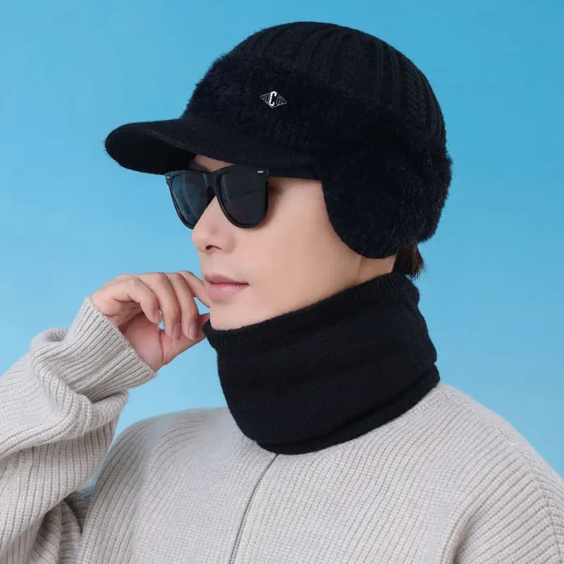 Men's knitted hat and scarf set - Cold-proof winter velvet blanket for outdoor sports, cycling, windproof leisure accessories