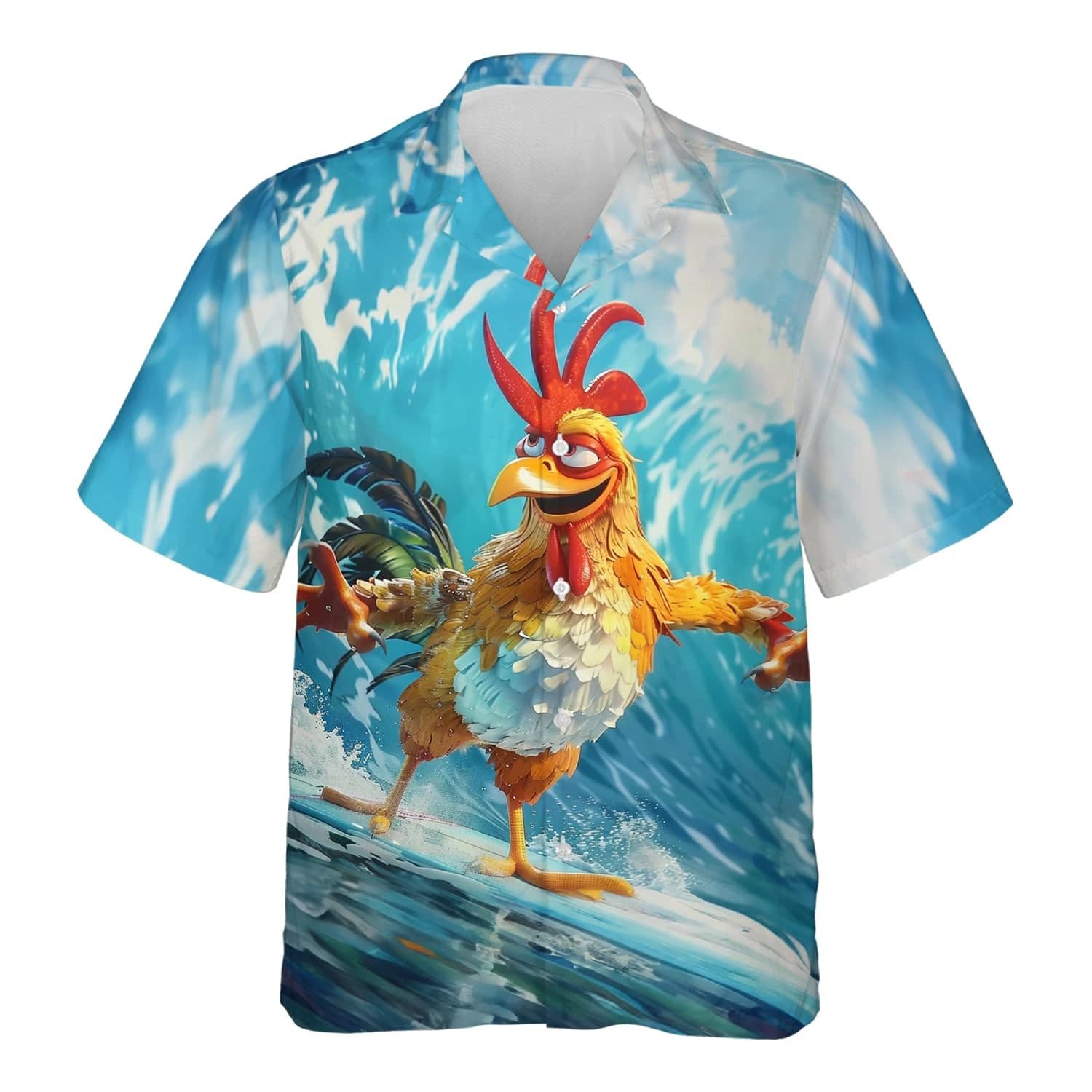 Divertente camicia hawaiana con cartoni animati di polli che surfano per uomo - Camicie da spiaggia con galline e galli, camicie a maniche corte unisex