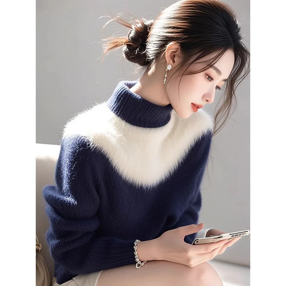 Blue And White Color Matching Mink Fur Sweater Womens Autumn Winter New Half Turtleneck Knitted Sweater Female Soft Pullover Top