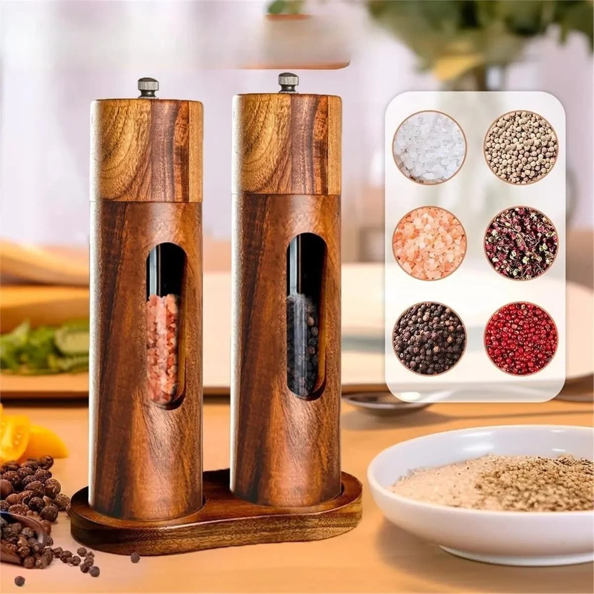 Manual Salt and Pepper Grinder Solid Wood Adjustable Coarseness Large Capacity Multi-purpose Spices Grinder Kitchen Cooking Tool