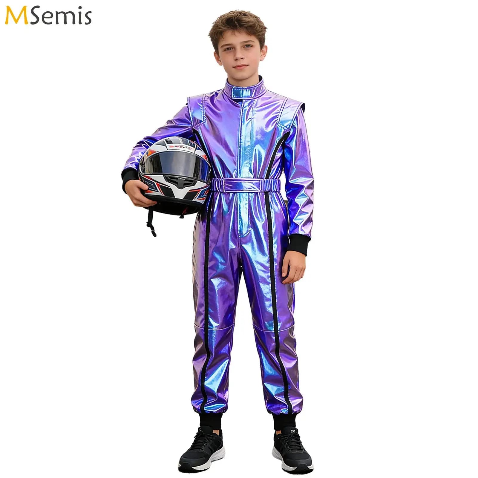 Costume da Carnevale per Ragazzi Robot Alieno Astronauta Tuta da Corsa Motociclistica con Cerniera Metallica e Cintura