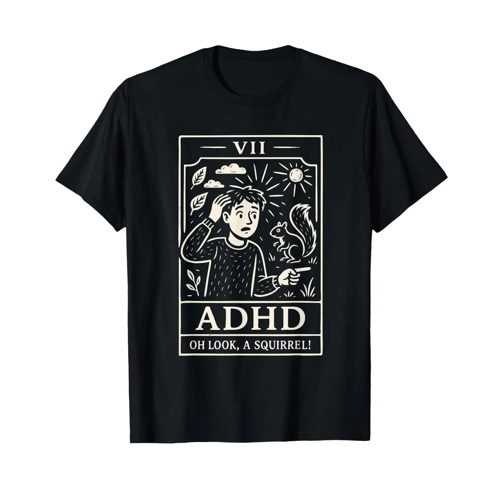 ADHD Tarot Card Oh Look A Squirrel Funny Illustration T Shirt vintage Washed Stylish Breathable Top For Everyday Wear Versatile