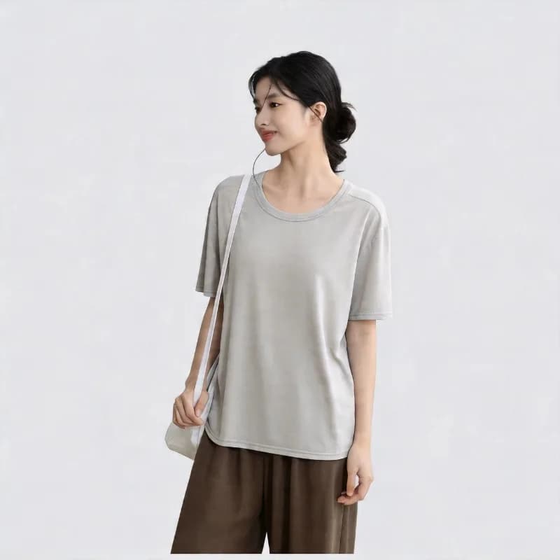 Women Loose Lyocell Tencel Loungewear Set Round Neck Short Sleeve T-shirt Elastic Waist Long Pants Casual Home Two Piece Outfit