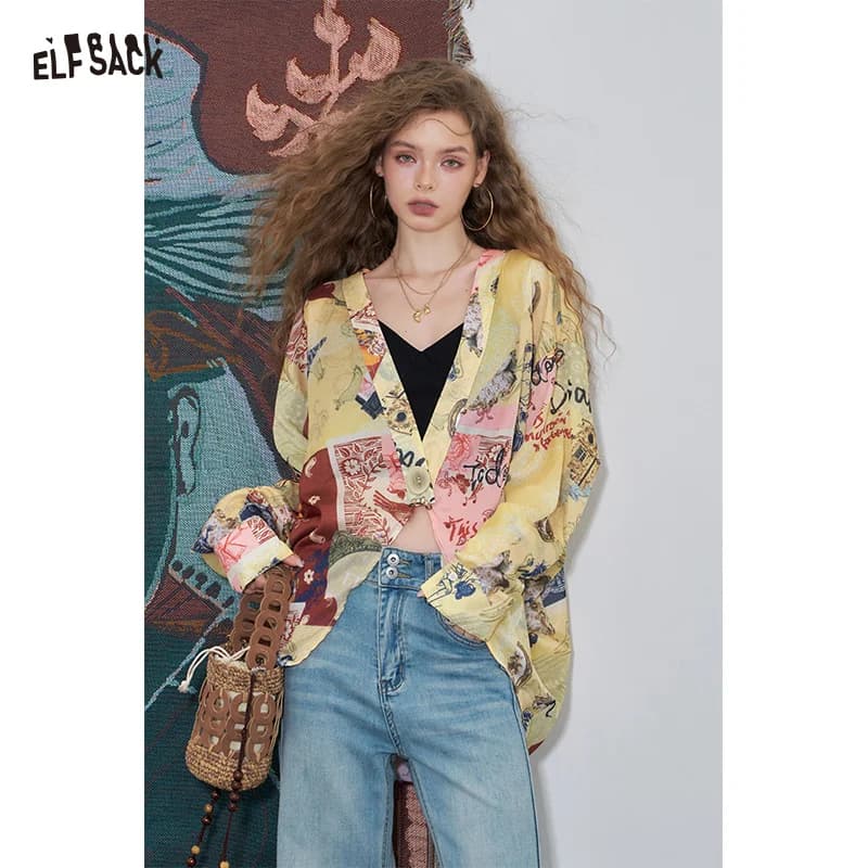 ELFSACK 2025 Camicetta leggera stile vacanza stampata originale stile hippie nuovi arrivi estivi