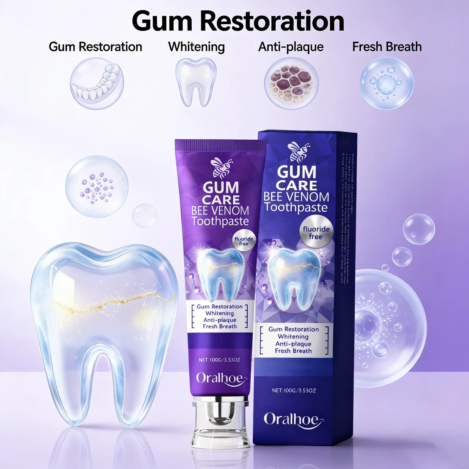 Toothpaste whitening to purple bees poison for restoring gums and protecting enamel, for sensitive teeth, removes stains and plaque, oral care