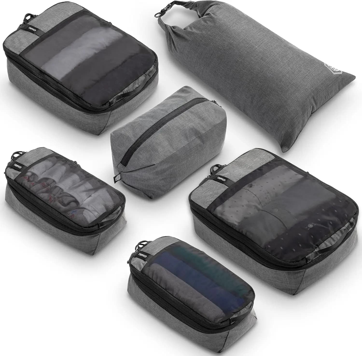 Set di 6 Cubi di Compressione per Viaggi, Borse Organizzative Salvaspazio con Sacca per Biancheria e Scarpe, Grigio a Rete