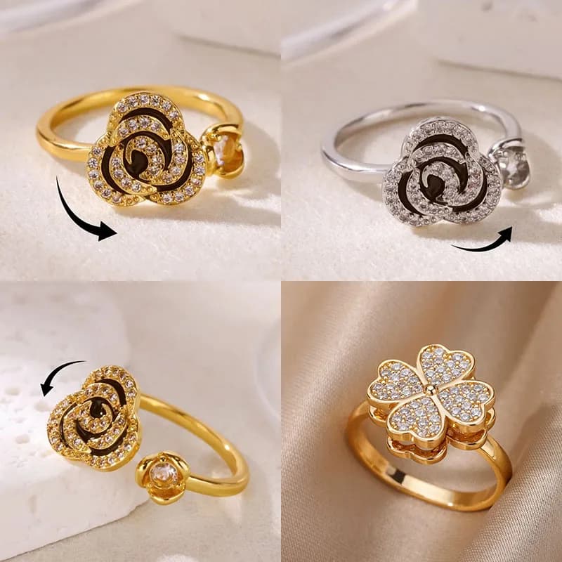 Anello Fidget Spinner con fiore in zircone Ansia per le donne Anello con fiore in acciaio inossidabile color oro Regalo di gioielli natalizi per matrimoni