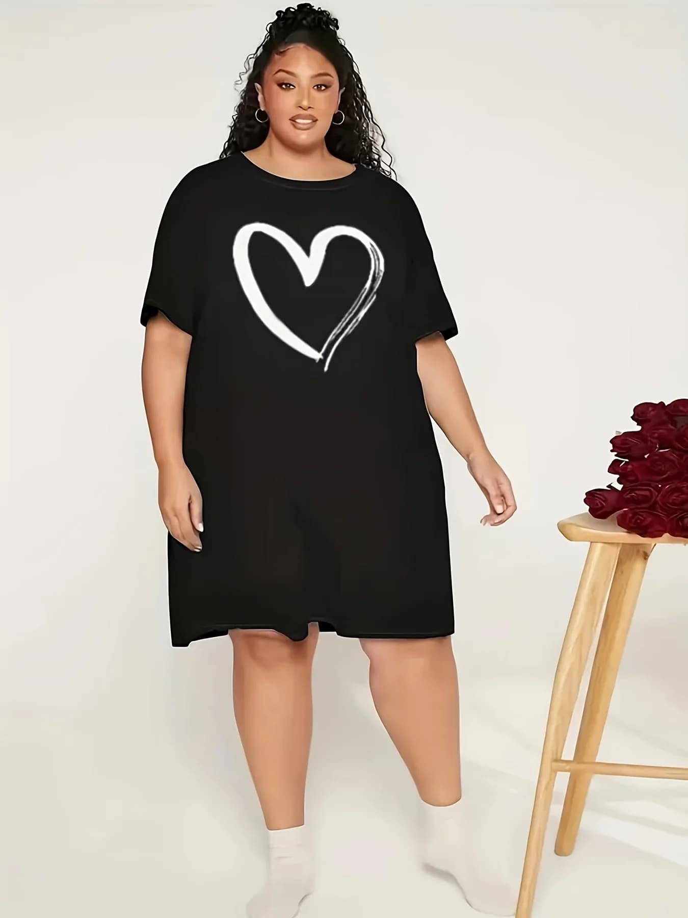 T-shirt graphic Let Me Sleep strong sizes for summer women Short sleeve dress crew neck Casual nightwear with heart design dress
