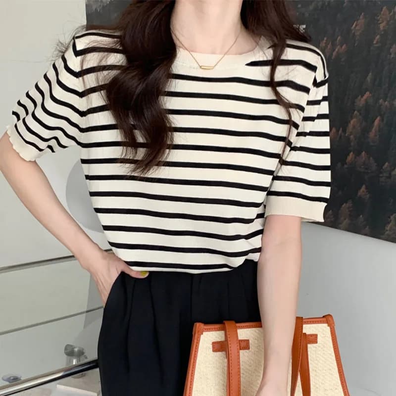 Maglione Lavorato a Maglia da Donna, Pullover con Collo Tondo e Maniche Corte, Nuovo Maglione a Righe Q3443