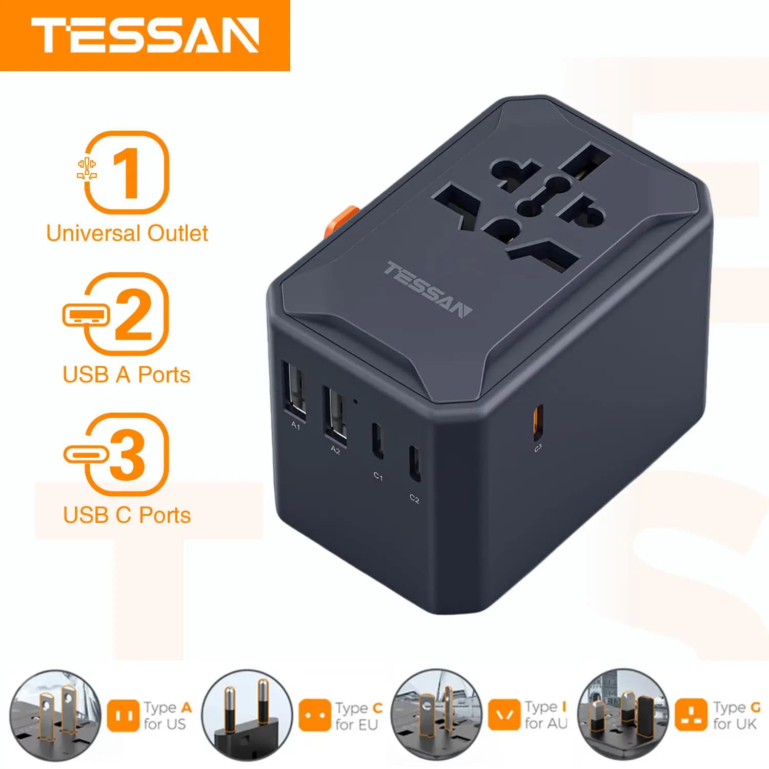 Adattatore da Viaggio Universale GaN 65W con 2 USB e 3 Type C, Caricatore Rapido per Viaggi in USA, UE, UK, AUS