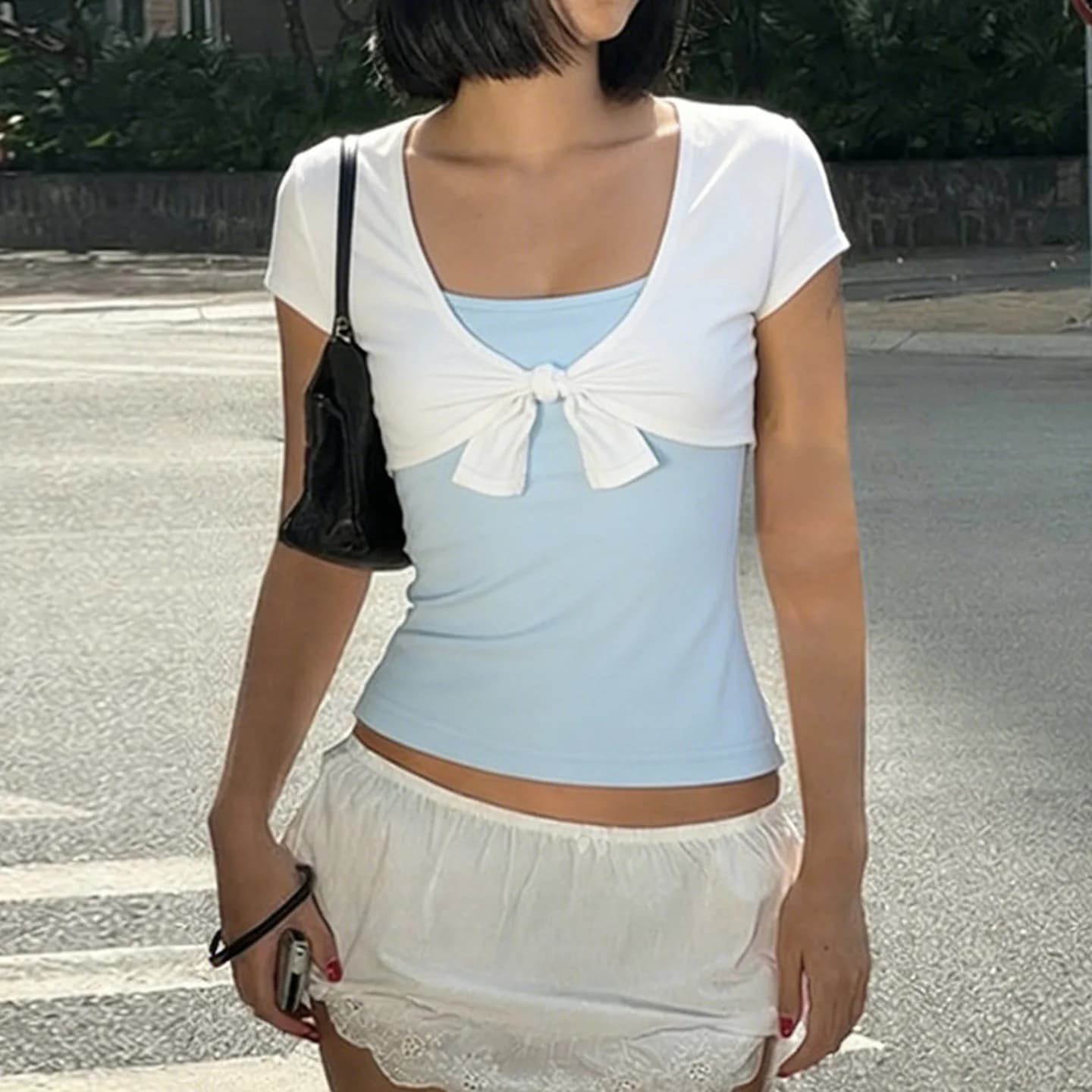 Spice Girl Style Color Matching Slim Two-piece Set Top New Short-sleeved Blouse Basic Casual Suspenders