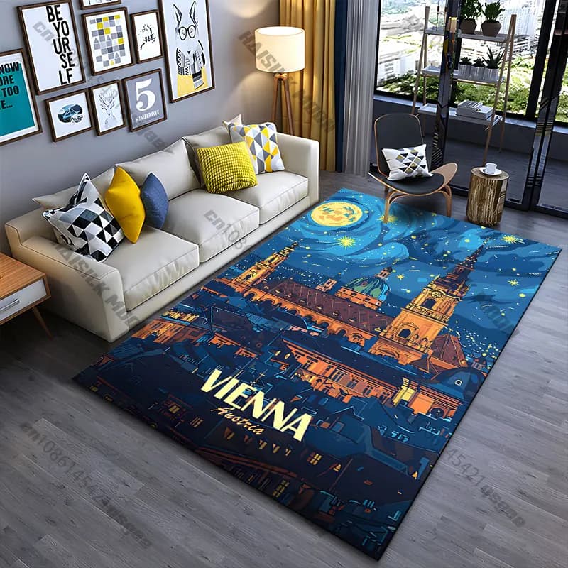 Vienna cityscape night illustration carpet Yoga living room room decor children's crawling mat doormat area rug games mat
