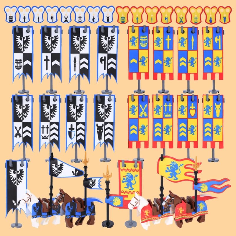 Medievale Roma Cavaliere Figure Spalla Armatura Bandiera Building Blocks Esercito Militare Soldato Armi Cavallo di Guerra Veste MOC Mattoni Giocattolo per Bambini