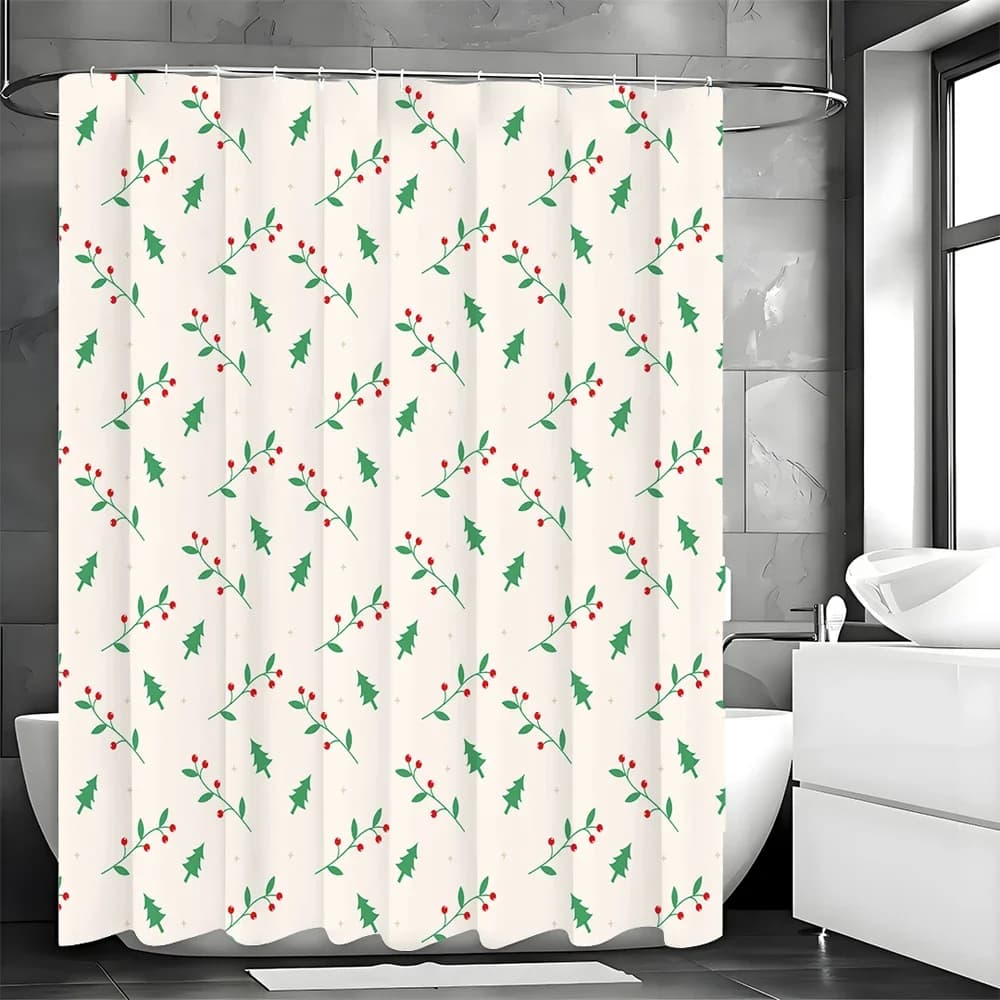 Tenda da doccia con frutta piccola rossa foglia di pino, tenda da doccia decorativa per bagno, tenda da doccia impermeabile con ganci