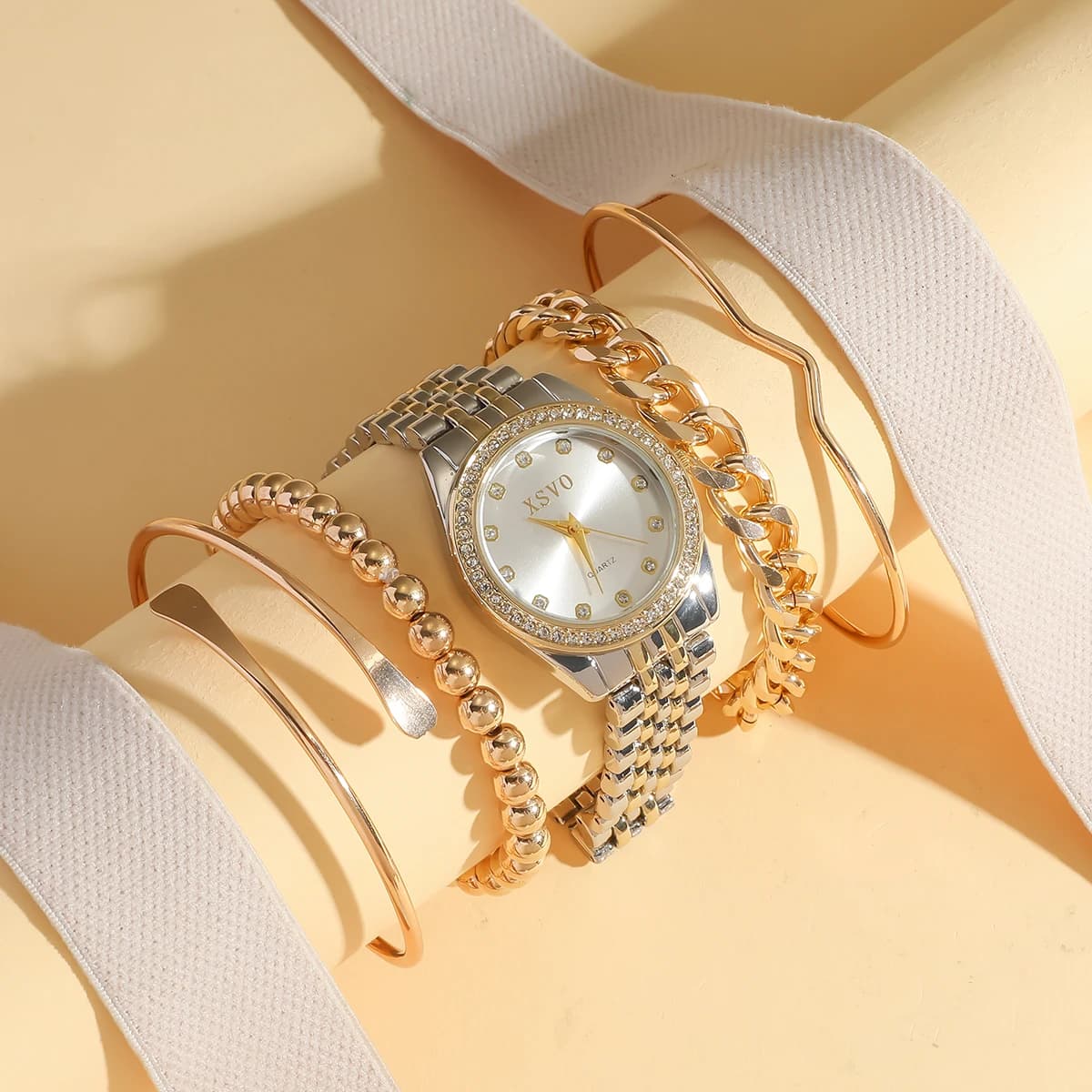 No Gift Box New Style Light Steel Strap Quartz Wrist Watch Fashion Luxury Bracelet With Pearl Cord Set 5 Piece