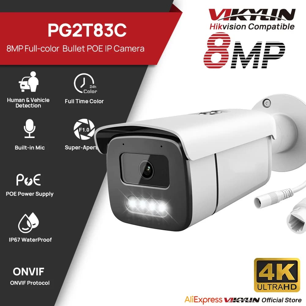 Vikylin 8MP Full Color Night Vision Bullet IP Camera Human Vehicle Detection Outdoor Video Surveillance POE Camera IP67
