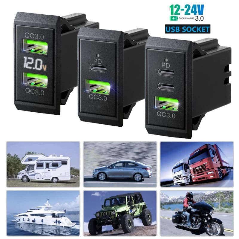 QC3.0 PD Doppia Porta USB Presa per Caricabatteria da Auto 12V 24V Presa di Ricarica del Telefono Adattatore di Alimentazione per Moto Camper Camion ATV Barca RV