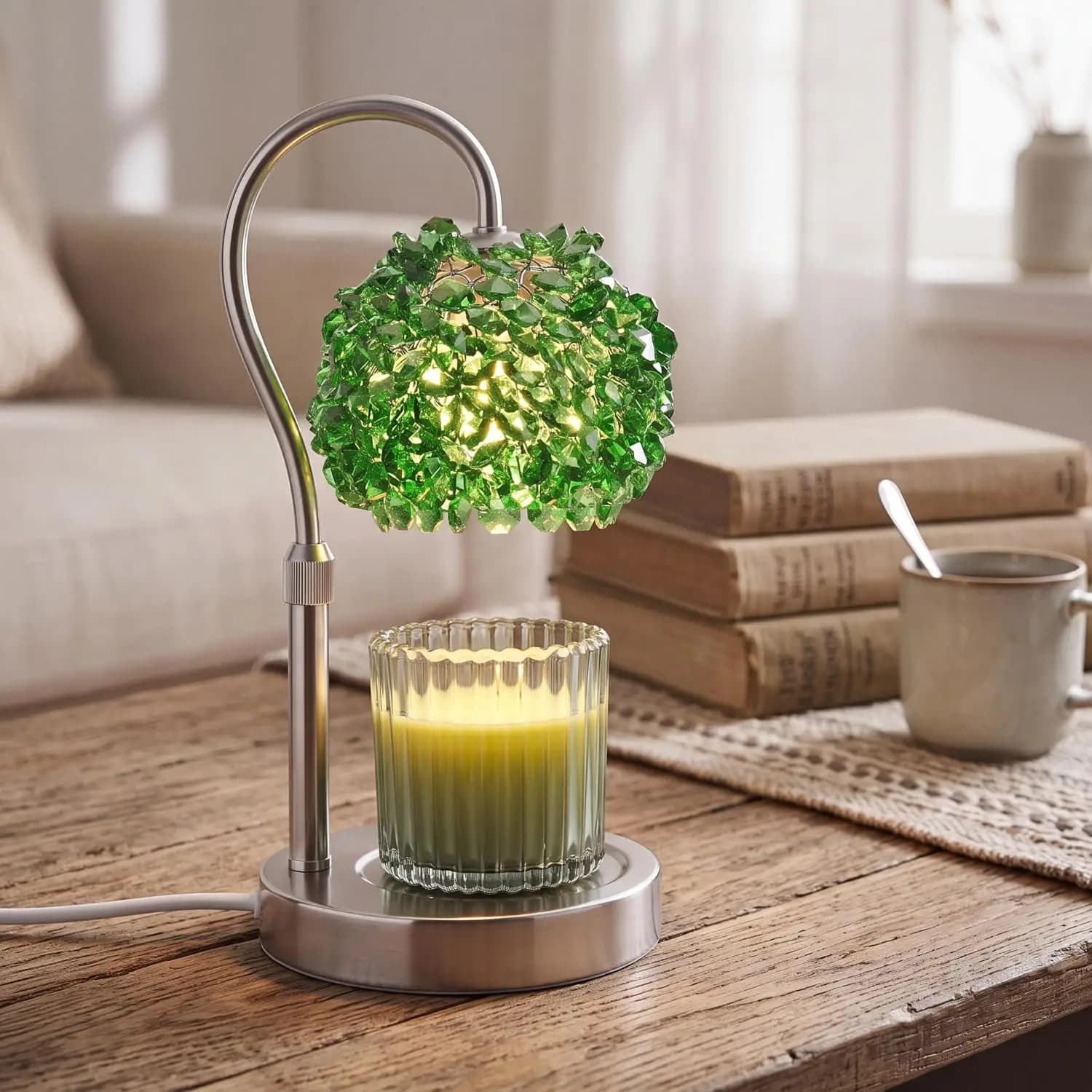 Candle Warmer Lamp with Timer & Dimmable, Crystal Shade & Base - Adjustable Wax Melt Warmer for Home Decor (Green)