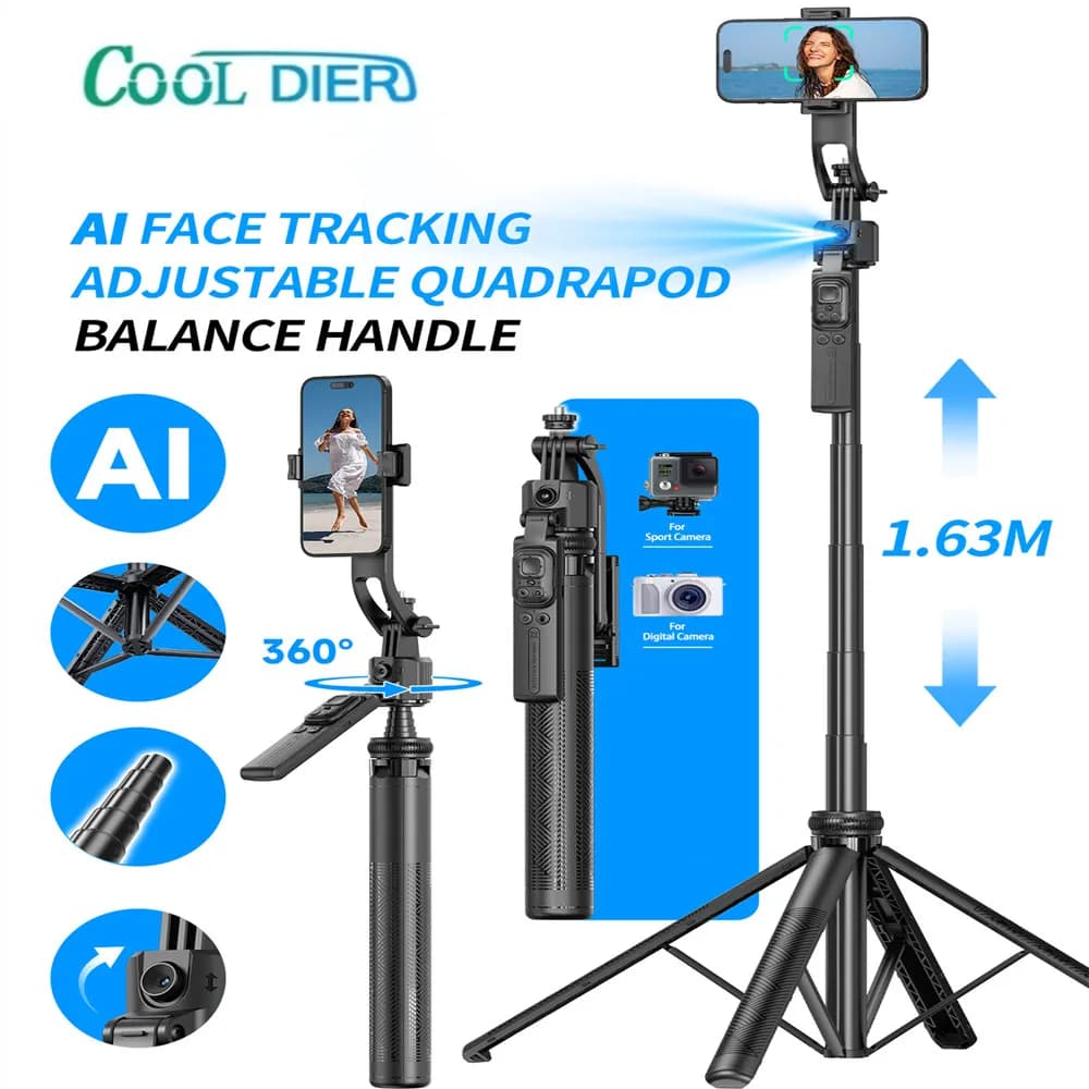 Stabilizzatore cardanico per selfie stick 5 in 1 per smartphone con telecomando Bluetooth Treppiede inclinabile anti-vibrazione intelligente AI Follow-Up