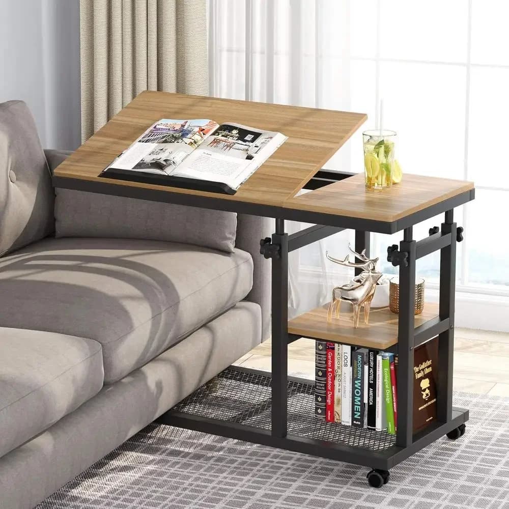Tavolo a forma di C con altezza regolabile e ruote, tavolino mobile da divano, supporto per laptop con ripiani portaoggetti - Finitura nera e rovere