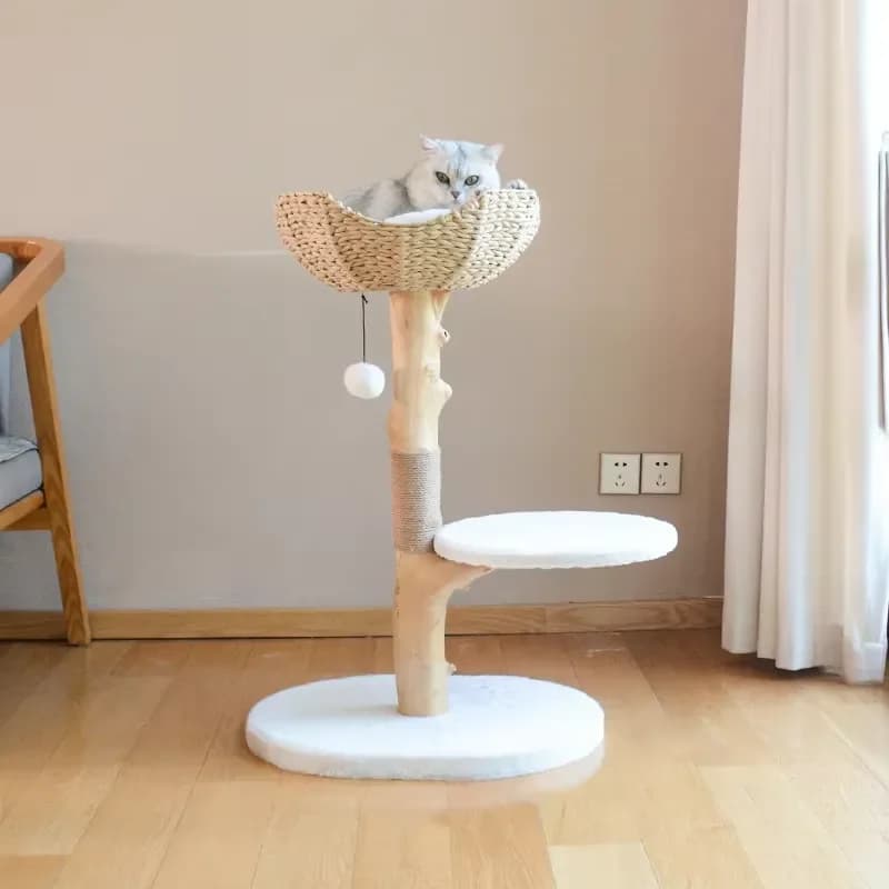 E0 Grade Wooden Cat Tree Natural Wood Cat Apartment Pet Climbing Furniture Tower with Scratching Posts for Indoor Cats