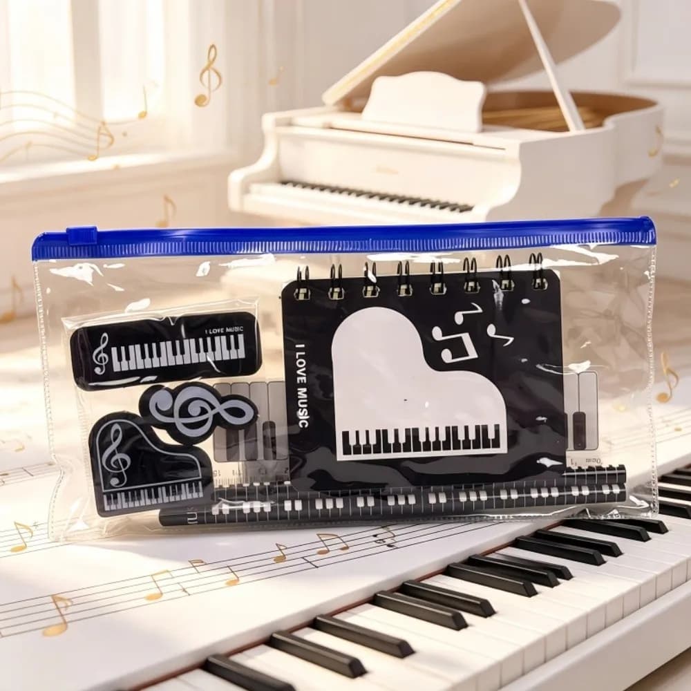 7/8Pcs Aesthetic Piano Treble Clef Print Stationery Set Musical Theme Ruler Pencil Erasers Gift