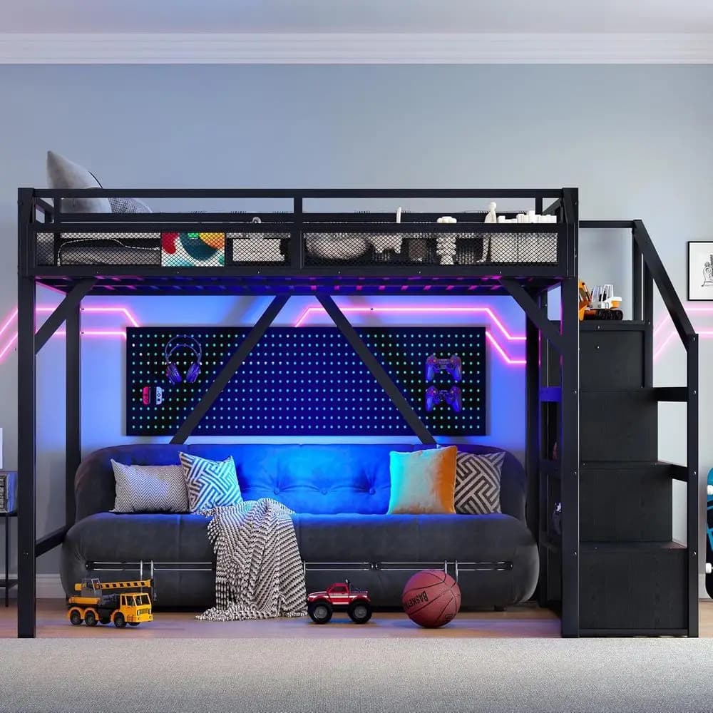 Letto matrimoniale in metallo con LED, porte USB, scale contenitore, armadio aperto, adatto a bambini e adulti, senza rete a doghe, nero
